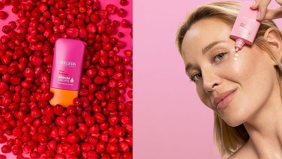 Bild på booster drops serum och en kvinna som smörjer in ansiktet